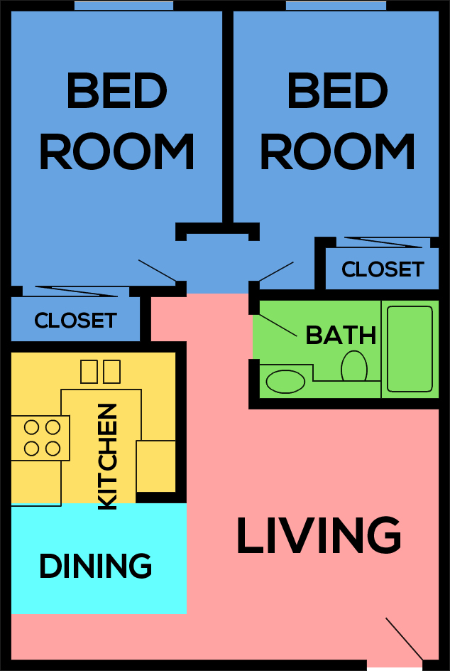 This image is the visual schematic floorplan representation of 1 Bed | 1 Bath - of Silverado Apartments.