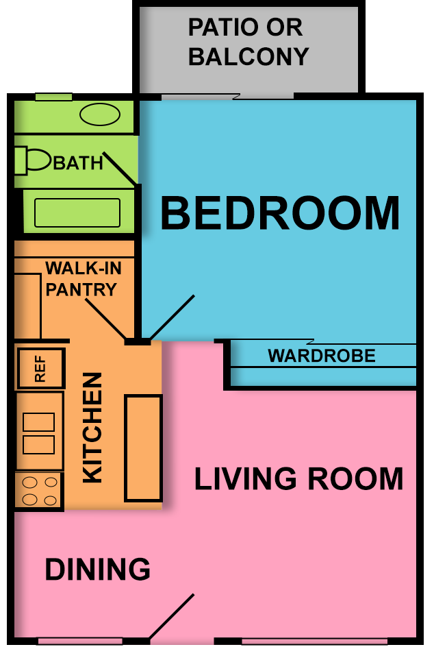 This image is the visual schematic floorplan representation of 1 Bed | 1 Bath - of Silverado Apartments.